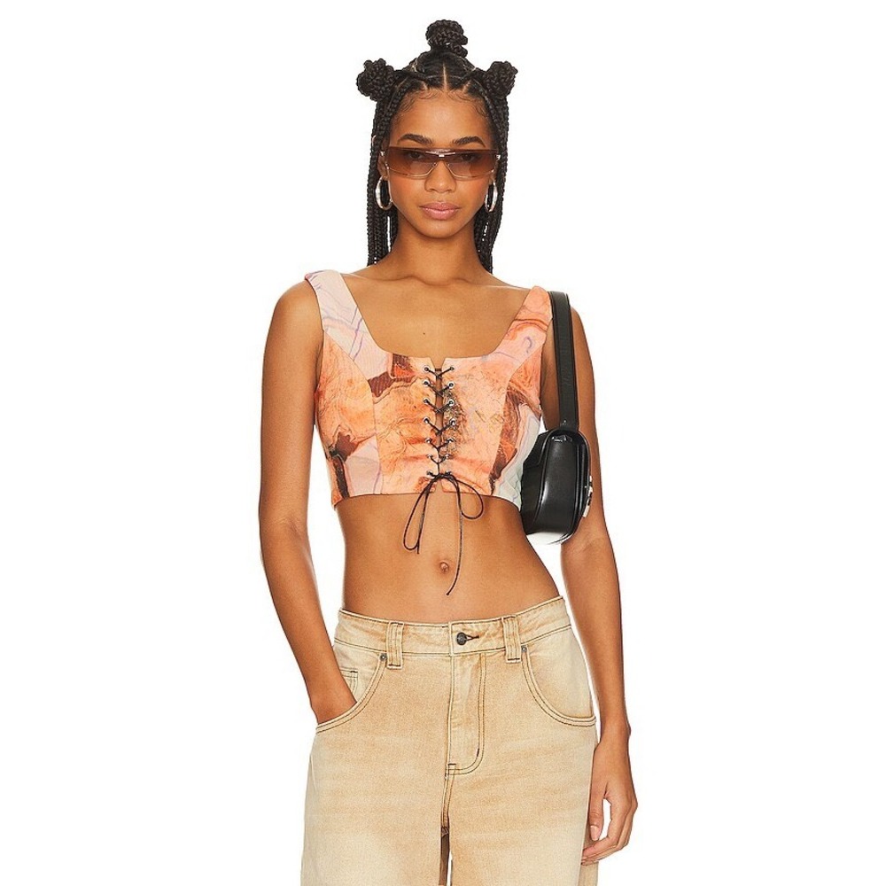 Superdown Kayla Lace Up Crop Top Orange Marble XS Revolve Festival Y2K Indie